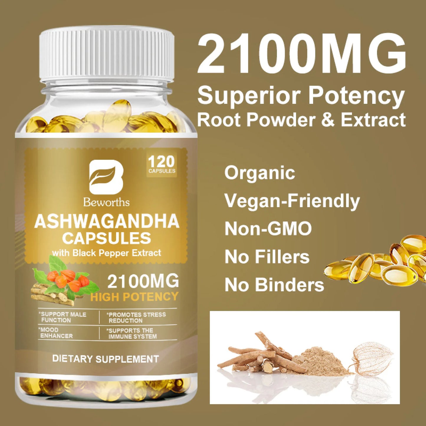 Organic Ashwagandha 2,100 Mg - 120 Veggie Capsules Pure Ashwagandha Powder and Root Extract Supplement - Stress Relief, Mood Enhancer