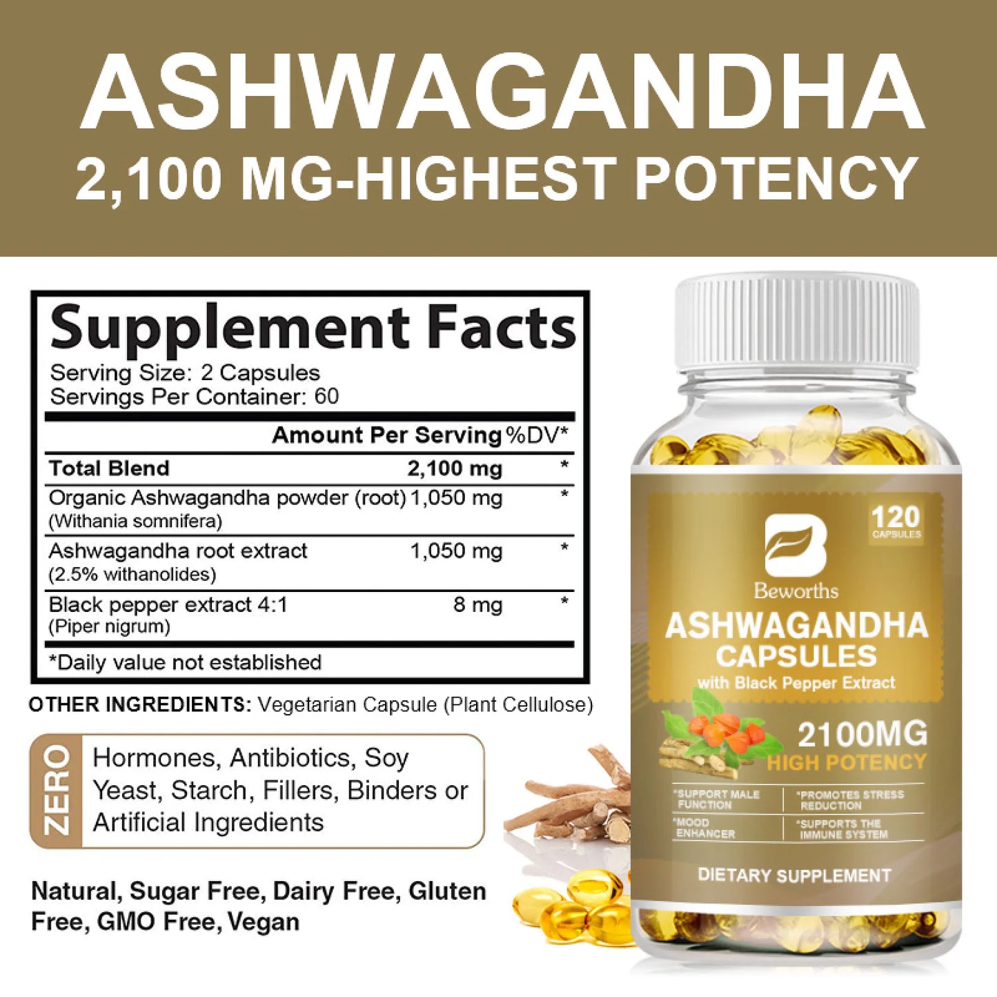 Organic Ashwagandha 2,100 Mg - 120 Veggie Capsules Pure Ashwagandha Powder and Root Extract Supplement - Stress Relief, Mood Enhancer