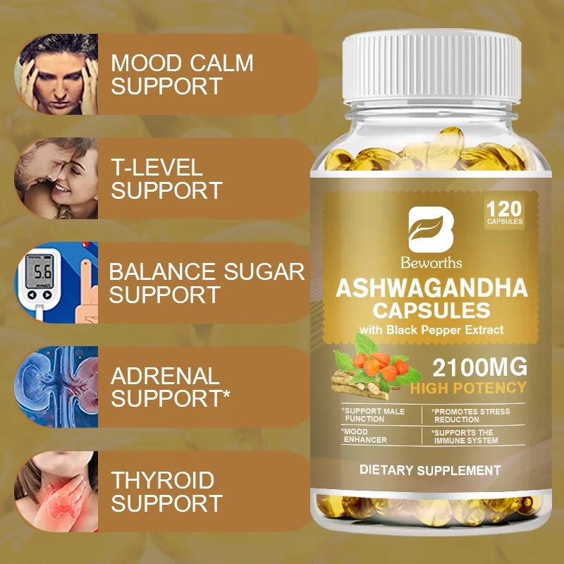 Organic Ashwagandha 2,100 Mg - 120 Veggie Capsules Pure Ashwagandha Powder and Root Extract Supplement - Stress Relief, Mood Enhancer