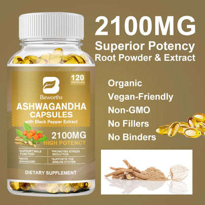 Organic Ashwagandha 2,100 Mg - 120 Veggie Capsules Pure Ashwagandha Powder and Root Extract Supplement - Stress Relief, Mood Enhancer