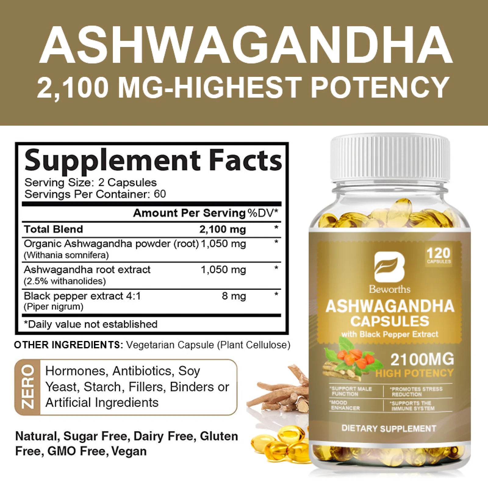 Organic Ashwagandha 2,100 Mg - 120 Veggie Capsules Pure Ashwagandha Powder and Root Extract Supplement - Stress Relief, Mood Enhancer