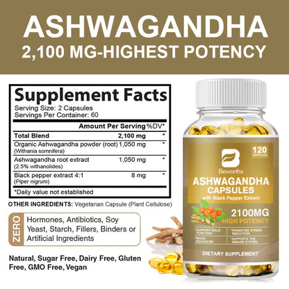 Organic Ashwagandha 2,100 Mg - 120 Veggie Capsules Pure Ashwagandha Powder and Root Extract Supplement - Stress Relief, Mood Enhancer